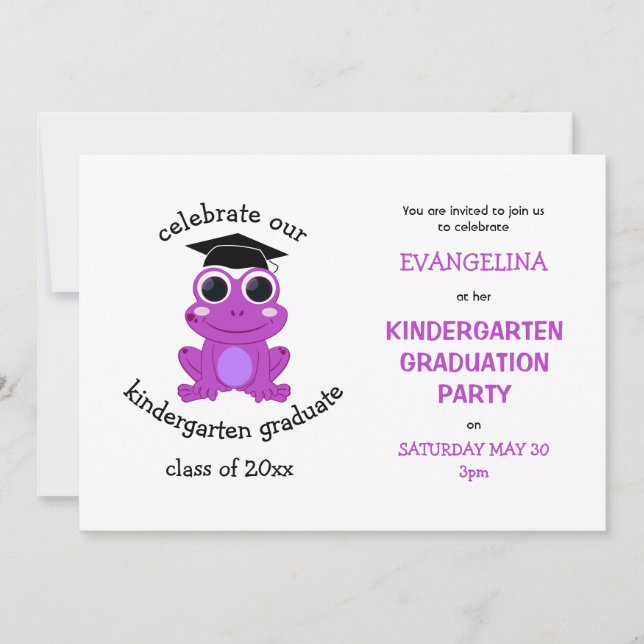 Niedlich Girly Pink Frog Kindergarten Graduierungs Einladung (Vorderseite)