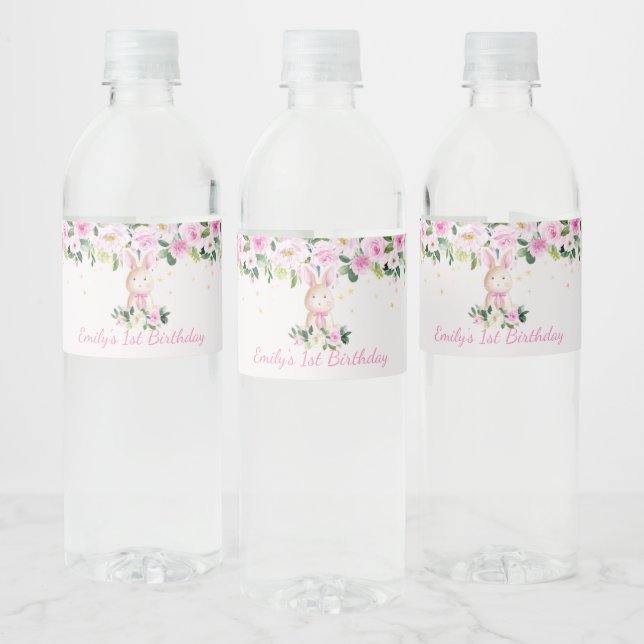 Niedlich Girly Pink & Gold Bunny Rabbit Birthday G Wasserflaschenetikett (Flaschen)
