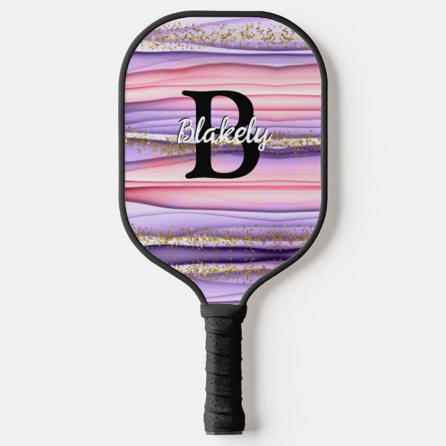 Niedlich Girly Pink & Lila Monogram Glitzer Sparko Pickleball Schläger (Vorderseite)