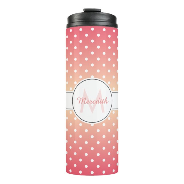 Niedlich Girly Pink Ombre Monogram Polka Dot Thermosbecher (Vorderseite)