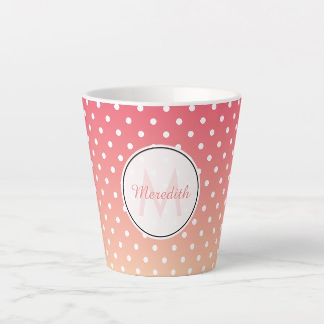 Niedlich Girly Pink Ombre Polka Dot Monogram Milchtasse (Vorderseite)