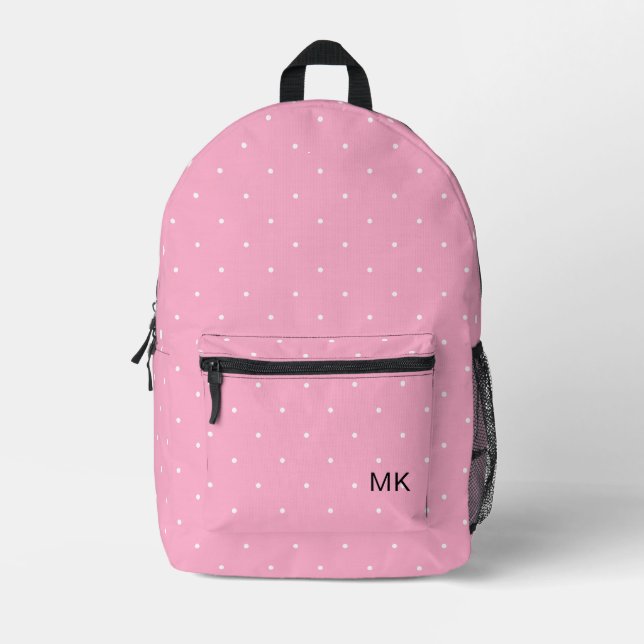 Niedlich Girly Pink Polka Dot Monogram Initialen Bedruckter Rucksack (Vorderseite)