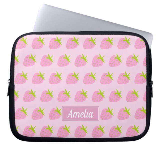 Niedlich Girly Pink Strawberry Muster Personalisie Laptopschutzhülle (Vorderseite)