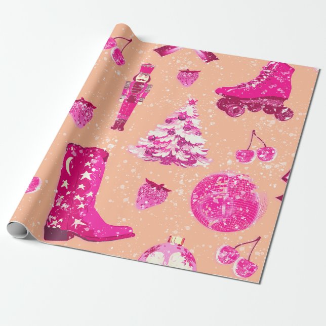 Niedlich Girly Preppy Peach Pink Weihnachten Geschenkpapier (Ungerollt)
