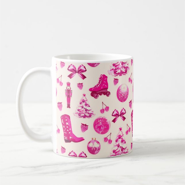 Niedlich Girly Preppy Pink Weihnachtsmuster Kaffeetasse (Links)