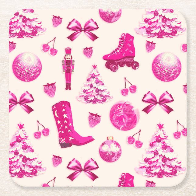 Niedlich Girly Preppy Pink Weihnachtsmuster Rechteckiger Pappuntersetzer (Vorderseite)