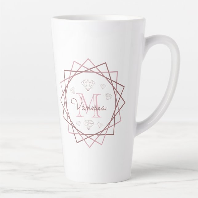 Niedlich Girly Rose Gold Monogram Geometric Milchtasse (Rechts)