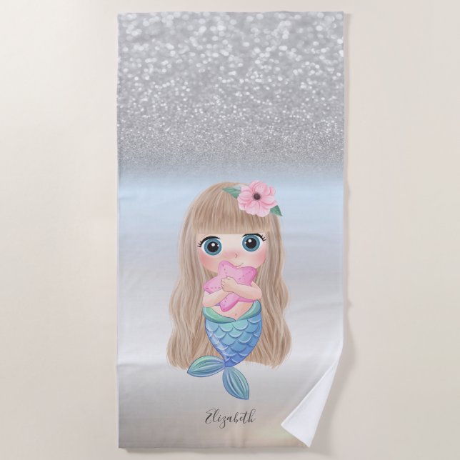 Niedlich Girly Silver Glitzer Bokeh Mermaid Star Strandtuch (Vorderseite)