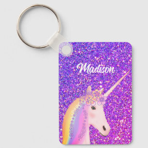 Niedlich Girly Unicorn Lila Glitzer Personalisiert Schlüsselanhänger