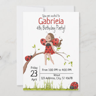 Niedlich Girly Whimsical LadyBug 4. Geburtstag Einladung