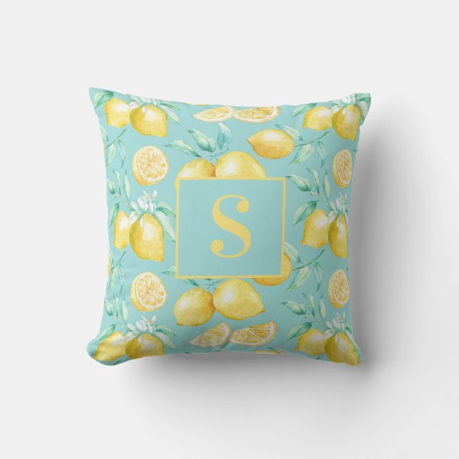 Niedlich Girly Yellow Lemon Muster Blue Monogram Kissen (Vorderseite)