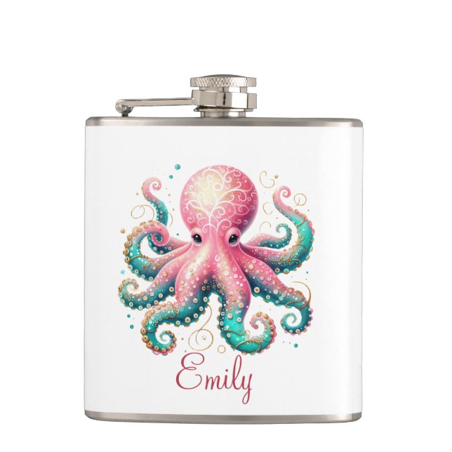 Niedlich Glitterie Octopus Custom Monogram Flachmann (Vorderseite)