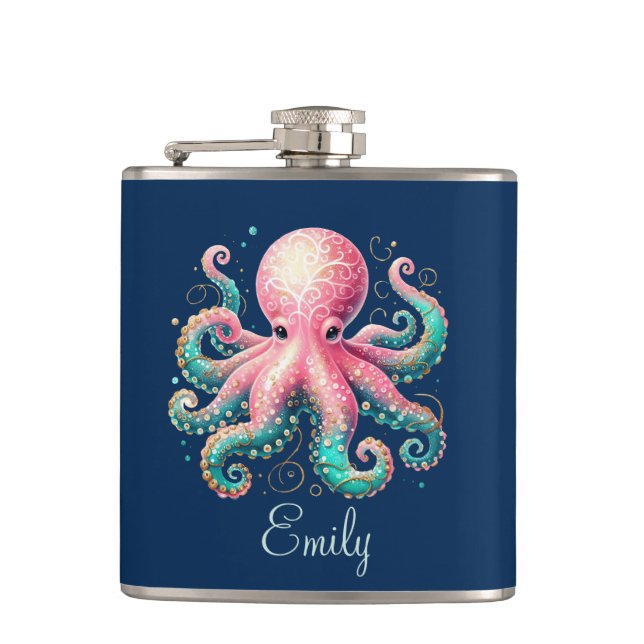 Niedlich Glitterie Octopus Custom Monogram Flachmann (Vorderseite)