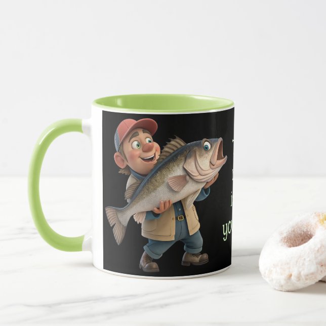 Niedlich/glücklicher Fischer mit einem Big Fish Ma Tasse (Mit Donut)