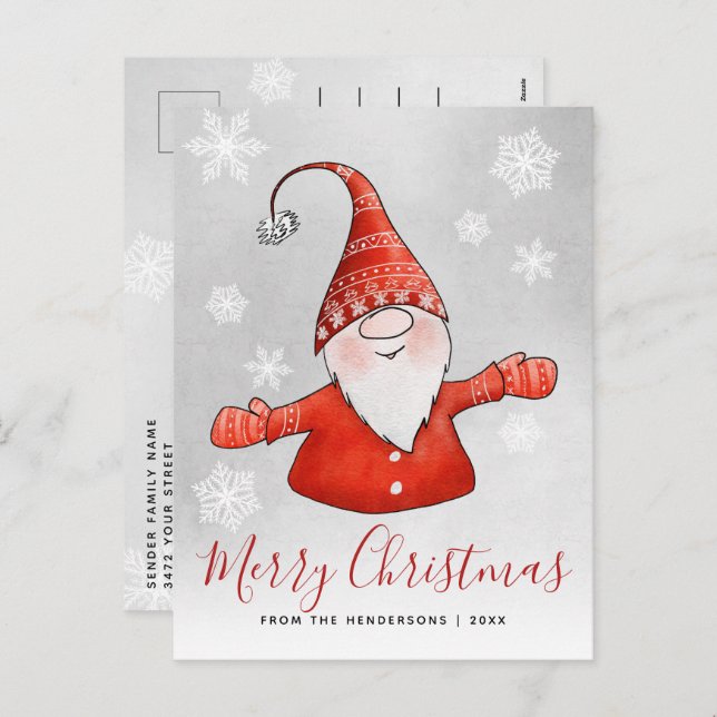 Niedlich Gnome Gray Red Christmas Feiertagspostkarte (Vorne/Hinten)
