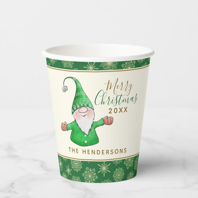 Niedlich Gnome Green Christmas Pappbecher (Vorderseite)