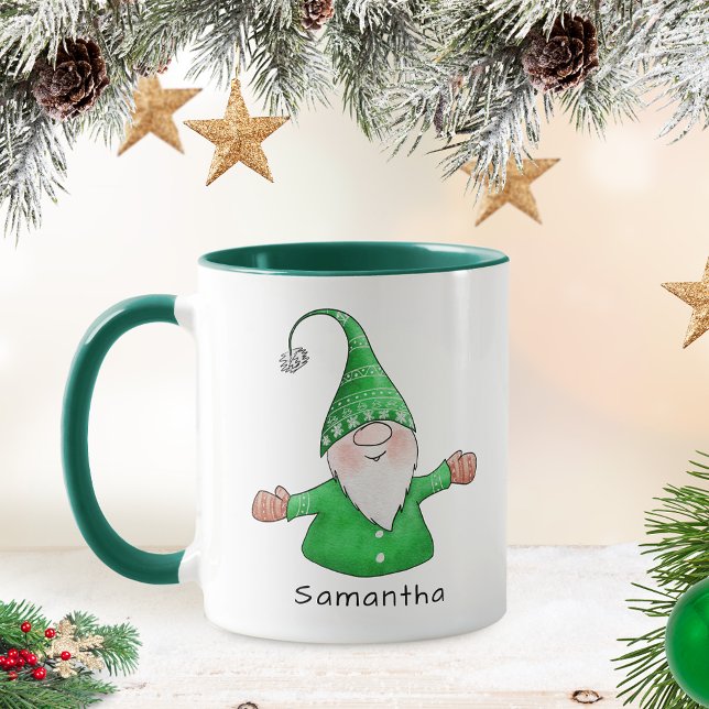 Niedlich Gnome Individuelle Name Grün Weihnachten Tasse (Von Creator hochgeladen)