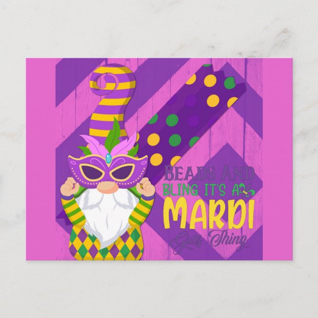Niedlich Gnome Mardi Gras Beads Bling Postkarte (Vorderseite)