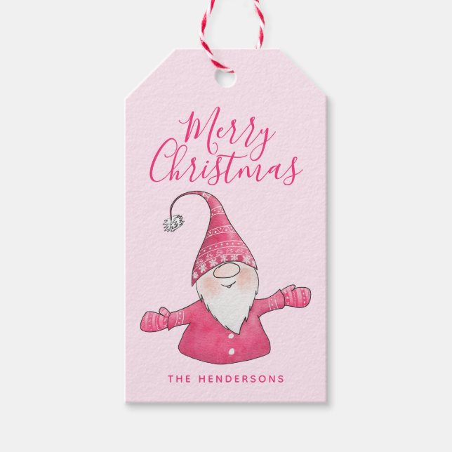 Niedlich Gnome Mit Monogramm Pink Frohe Weihnachte Geschenkanhänger (Vorderseite)