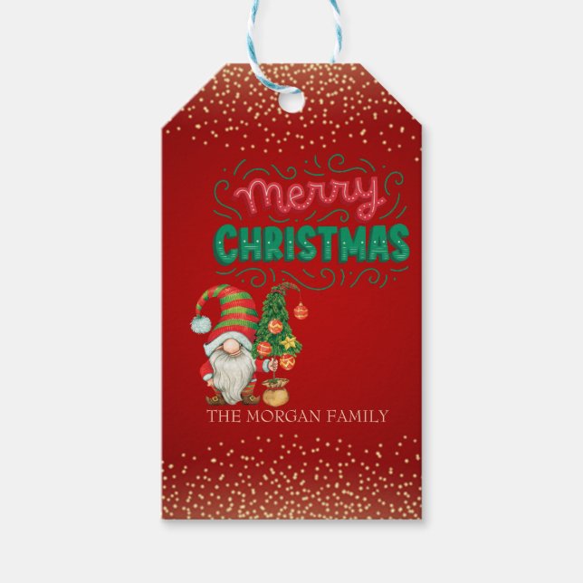 Niedlich Gnome Pine Tree Confetti Rot Frohe Weihna Geschenkanhänger (Vorderseite)