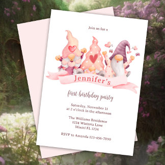 Niedlich Gnome Pink Erste Geburtstagsparty Einladung