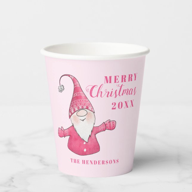 Niedlich Gnome Pink Personalisiert Frohe Weihnacht Pappbecher (Vorderseite)