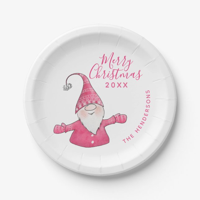 Niedlich Gnome White and Pink Custom Frohe Weihnac Pappteller (Vorderseite)