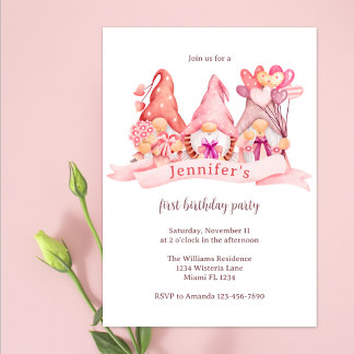 Niedlich Gnomes Balloons Pink Erste Geburtstagspar Einladung