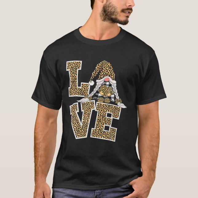 Niedlich Gnomes Lover Leopard Gnome Herz Karierte  T-Shirt (Vorderseite)
