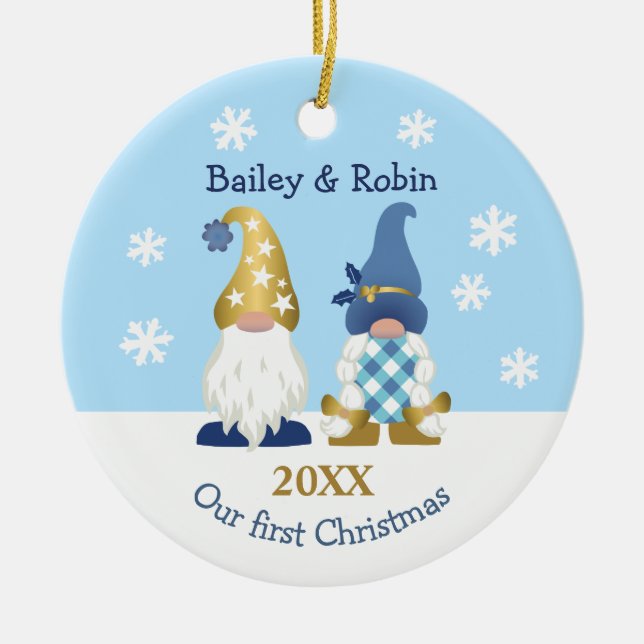 Niedlich Gnomes Unser erstes Weihnachts-Gold Blue  Keramik Ornament (Vorne)