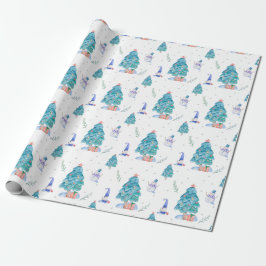 Niedlich Gnomes Watercolor Blauer Weihnachtsschnee Geschenkpapier