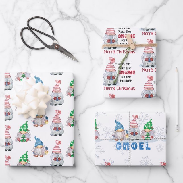 Niedlich Gnomes Weihnachtswasserfarbe Geschenkpapier Set (Vorderseite)