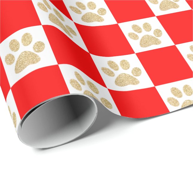 Niedlich Gold Glitzer Paw Print Red Checkered Patt Geschenkpapier (Rolleneckpunkt)