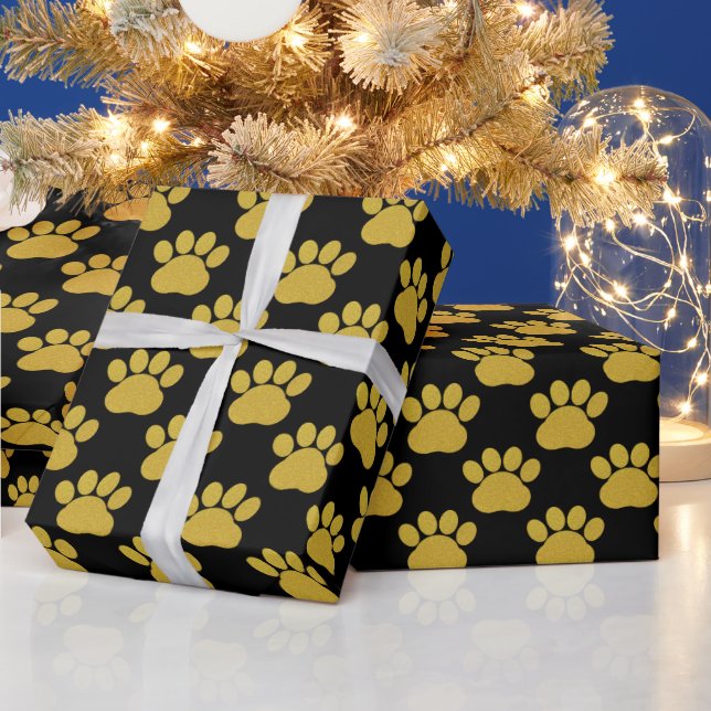 Niedlich Gold Glitzer Paw Prints Pet Lovers Black Geschenkpapier (Feiertage)