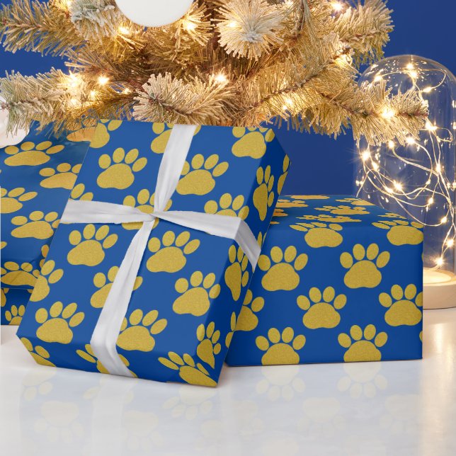 Niedlich Gold Glitzer Paw Prints Pet Lovers Blue Geschenkpapier (Feiertage)