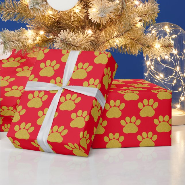 Niedlich Gold Glitzer Paw Prints Pet Lovers Red Geschenkpapier (Feiertage)