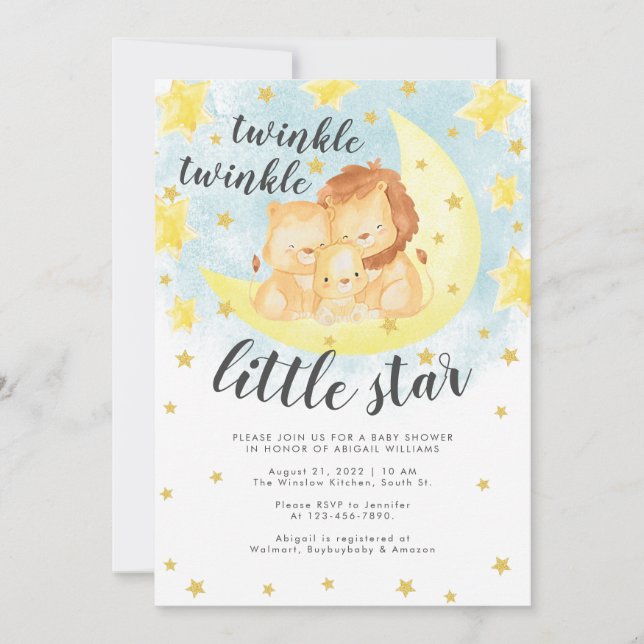 Niedlich Gold Glitzer Twinkle Little Star Baby Dus Einladung (Vorderseite)