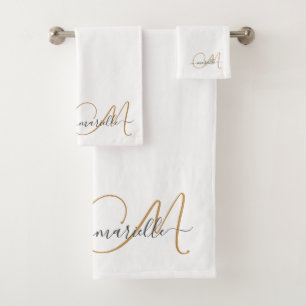 Niedlich Gold Monogram Script Name Eleganweiß Badhandtuch Set