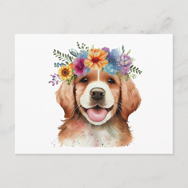 Niedlich Golden Retriever Hund mit Blume Postkarte (Vorderseite)