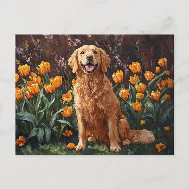 Niedlich Golden Retriever im Tulip Garden Postkarte (Vorderseite)