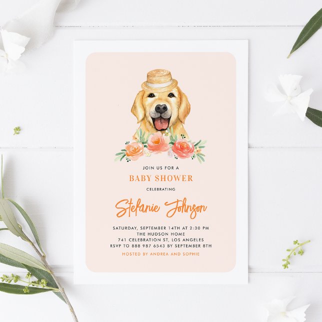 Niedlich Golden Retriever Peach Floral Baby Dusche Einladung (Von Creator hochgeladen)