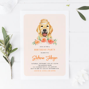 Niedlich Golden Retriever Peach Floral Kindergebur Einladung