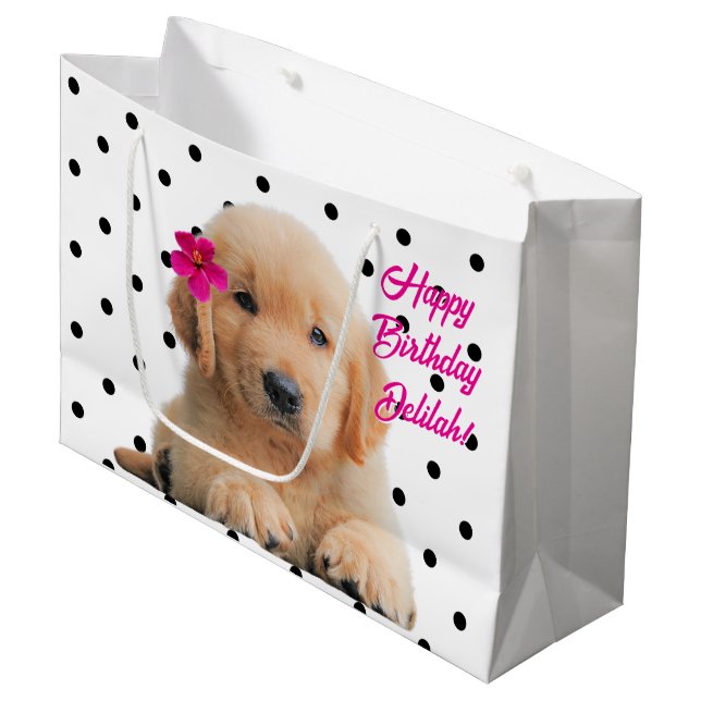 Niedlich Golden Retriever Personalisiert Happy Bir Große Geschenktüte (Vorderseite Schrägansicht)