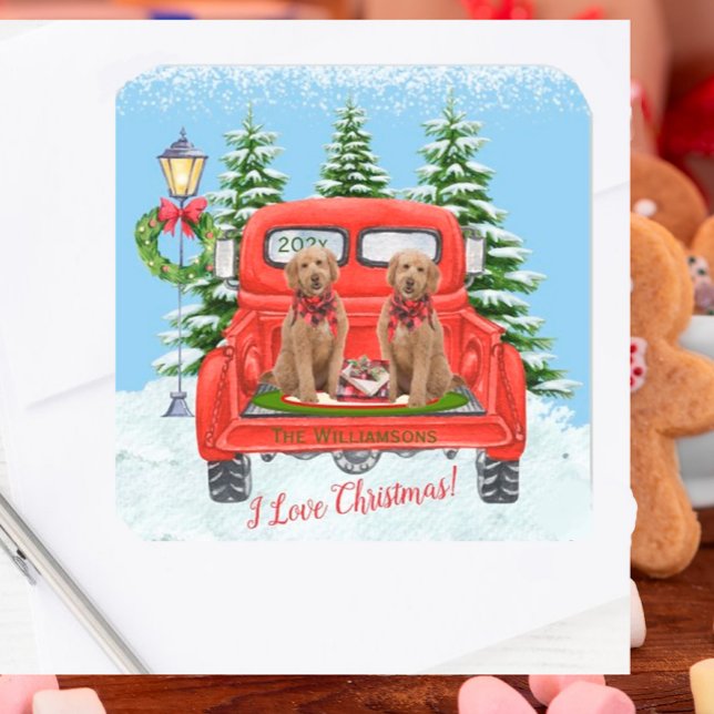 Niedlich Goldendoodle Welpen Vintager Rotlastwagen Quadratischer Aufkleber (Von Creator hochgeladen)