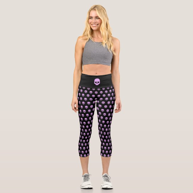 Niedlich Goth Pink Skulls Capri Leggings (Vorderseite)