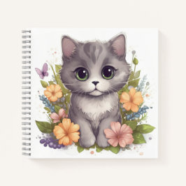 Niedlich Grau Kitten mit Frühlingsblumen Notizbuch