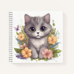 Niedlich Grau Kitten mit Frühlingsblumen Notizbuch