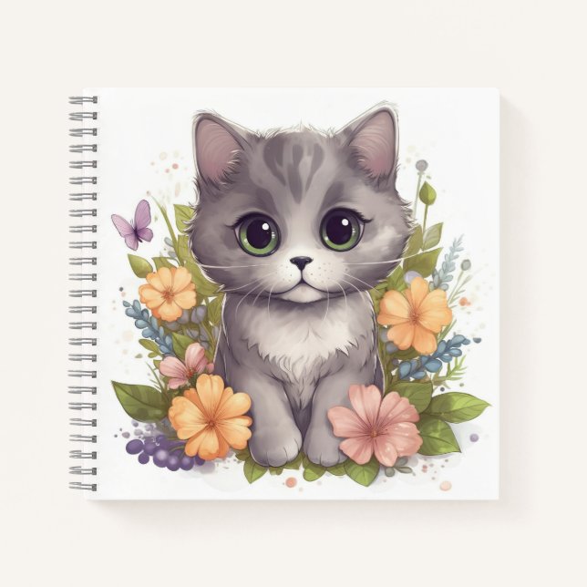Niedlich Grau Kitten mit Frühlingsblumen Notizbuch (Vorderseite)