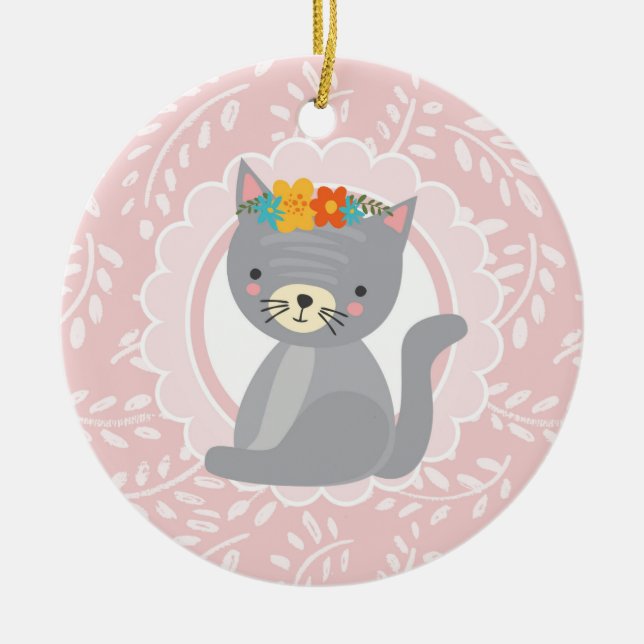 Niedlich Grau Kitten Pink Weiße Katze Keramik Ornament (Vorne)