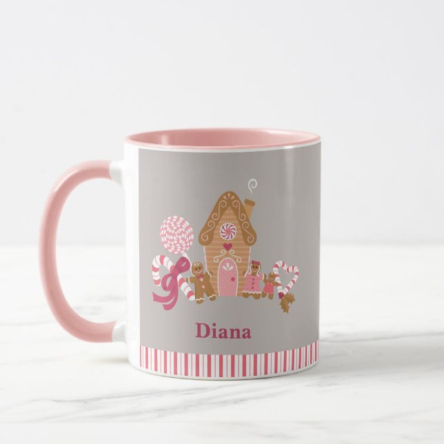 Niedlich Grau Pink Candy Cane Gingerbread Tasse (Links)